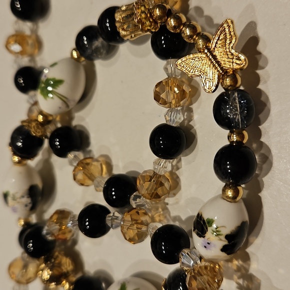 3 Black & White & Goldtone Glass & Crystal Beaded Stretch Bracelet Set - Picture 2 of 9